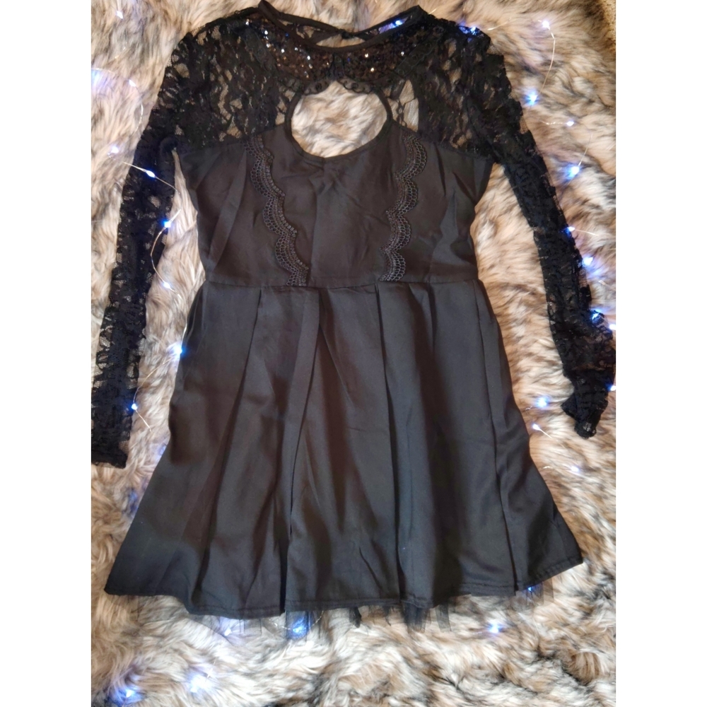 Black lace cocktail dress with lace collar